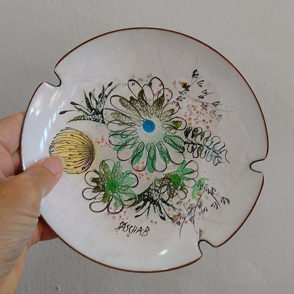 Vintage Painted Enamel Floral Ashtray by Sascha Brastoff Mid Century Copper Dish